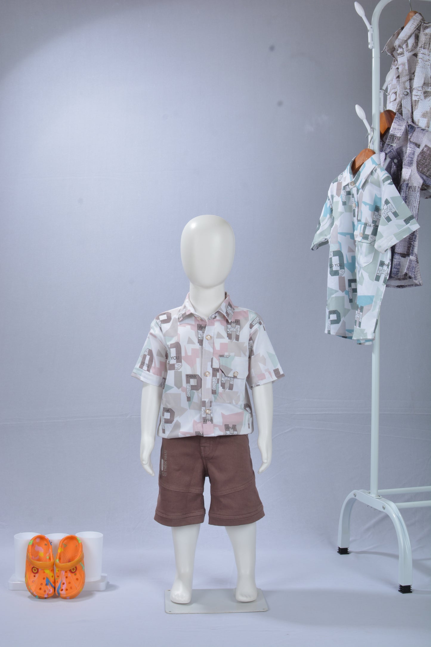 JUSTMAAMA Boys' Teal & Rust Abstract Print Shirt Set with Olive Textured Shorts | Soft Cotton Blend Half Sleeve Cargo Pocket 2-Piece Summer Outfit | Regular Fit.