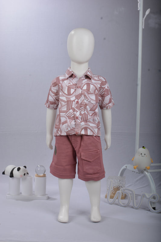 JustMaama Boys Casual Cotton Blend 2-Piece Clothing Set - Hawaiian Print Shirt & Solid Elastic Waist Denim Look Shorts.
