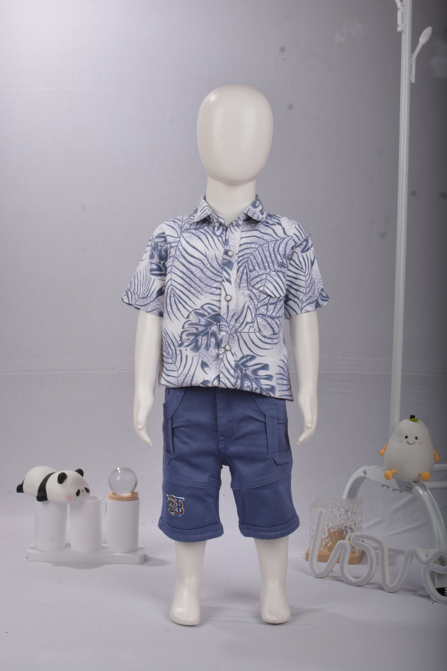 JusMaama Kids' Soft Cotton Blend Jungle Leaf Print Aloha Shirt and Adjustable Waist Cargo Shorts Outfit Set for Summer Play