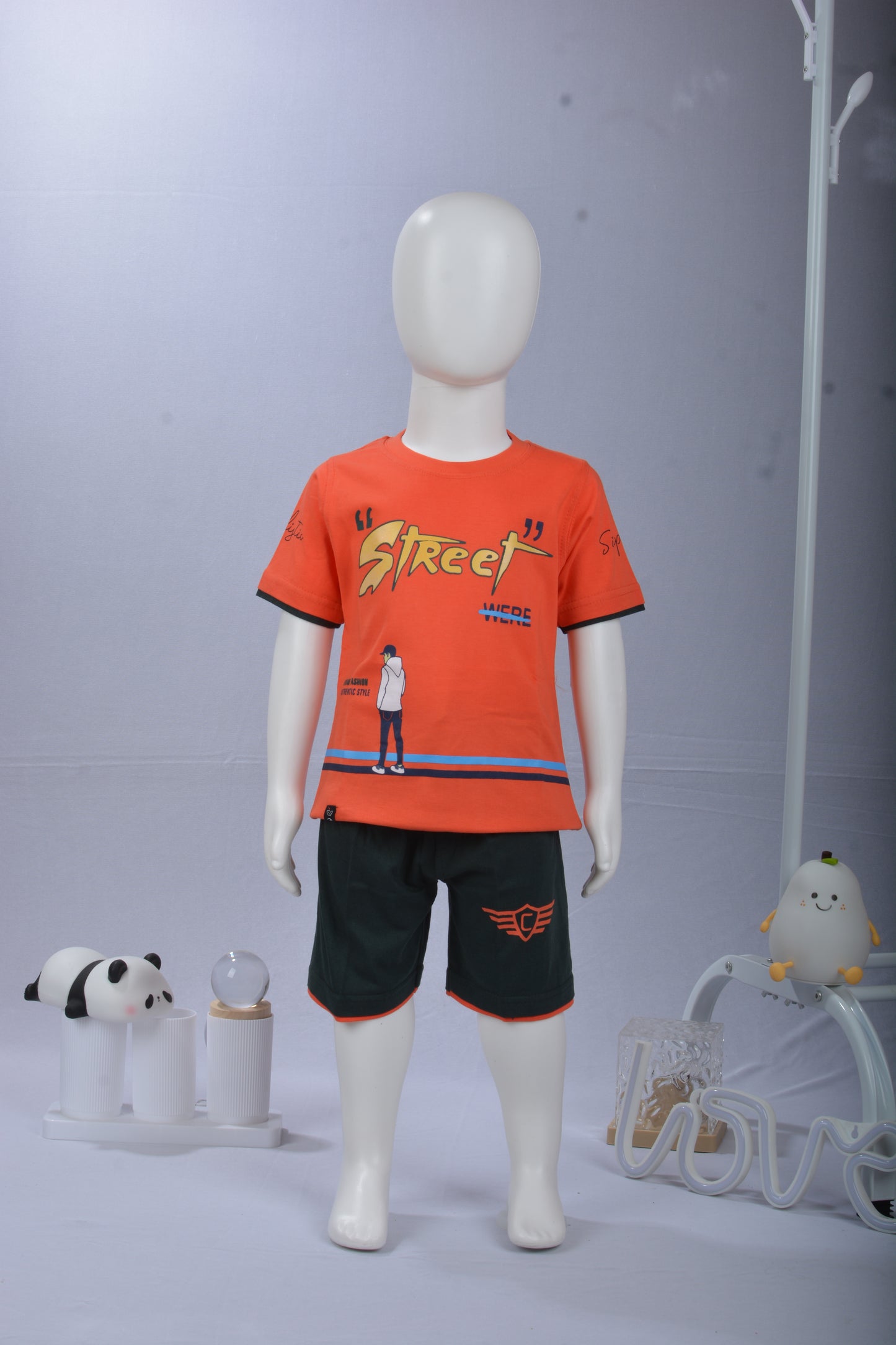 JUSTMAAMA Boys' Summer Outfit: "STREET" Graphic T-Shirt & Sporty Contrast Shorts Set | 100% Cotton for Kids.
