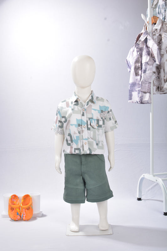 JUSTMAAMA Boy's Abstract Print Shirt Set Textured Shorts | Soft Cotton Blend Half Sleeve Cargo Pocket 2-Piece Summer Outfit | Regular Fit