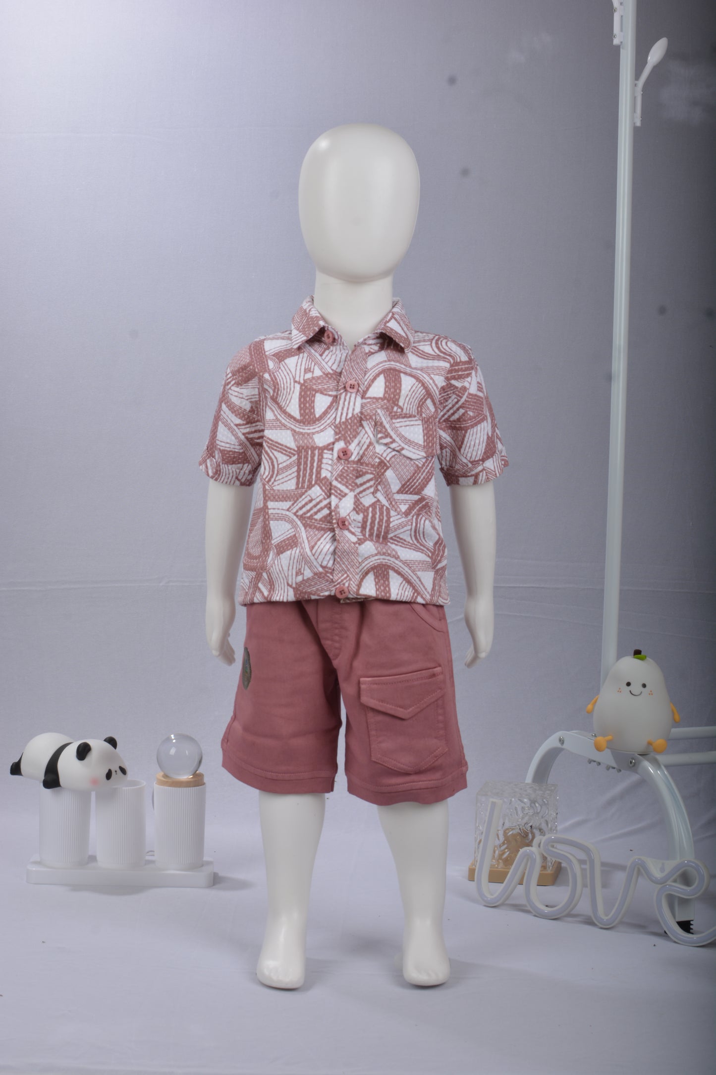 JustMaama Boys Casual Cotton Blend 2-Piece Clothing Set - Hawaiian Print Shirt & Solid Elastic Waist Denim Look Shorts.