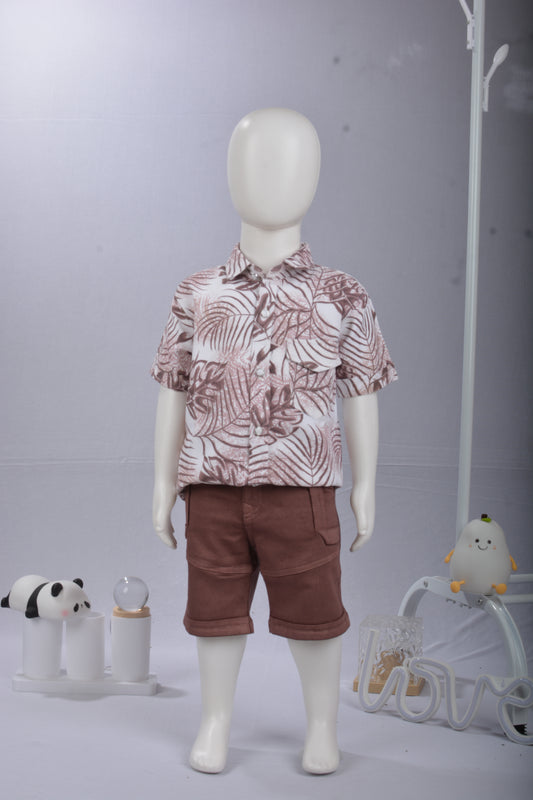 JusMaama Kids' Soft Cotton Blend Jungle Leaf Print Aloha Shirt and Adjustable Waist Cargo Shorts Outfit Set for Summer Play