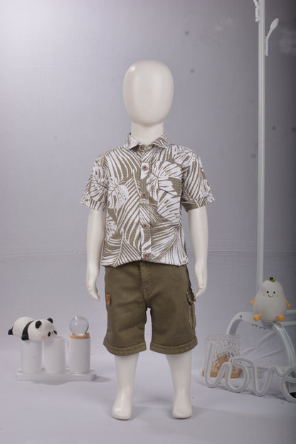 Justmaama Premium Cotton Blend Boy's Shirt & Shorts Set, Casual Khaki Jungle Print,  Durable 2-Piece Summer Wear