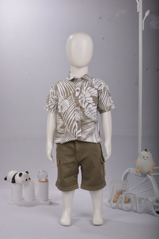Justmaama Premium Cotton Blend Boy's Shirt & Shorts Set, Casual Khaki Jungle Print,  Durable 2-Piece Summer Wear