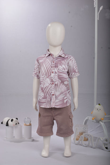 Justmaama Premium Cotton Blend Boy's Shirt & Shorts Set, Casual Khaki Jungle Print,  Durable 2-Piece Summer Wear