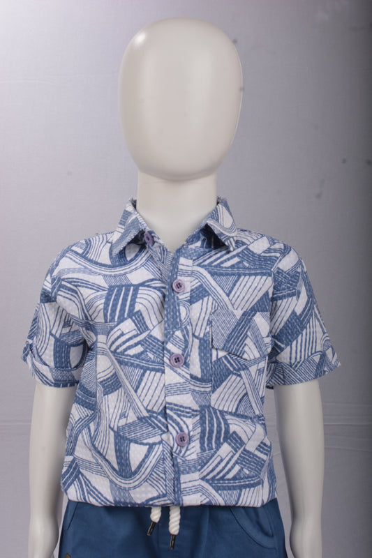 JustMaama Boys Casual Cotton Blend 2-Piece Clothing Set - Hawaiian Print Shirt & Solid Elastic Waist Denim Look Shorts.