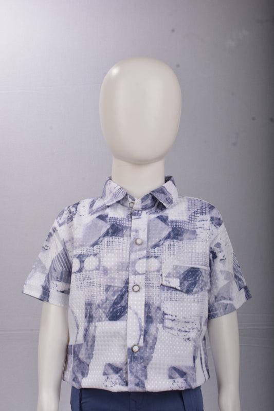 Justmaama Kids 2-Piece Summer Set: Stylish Abstract Print Shirt & Comfort Fit Navy  BlCargo Shorts for Boys | Casual Wear