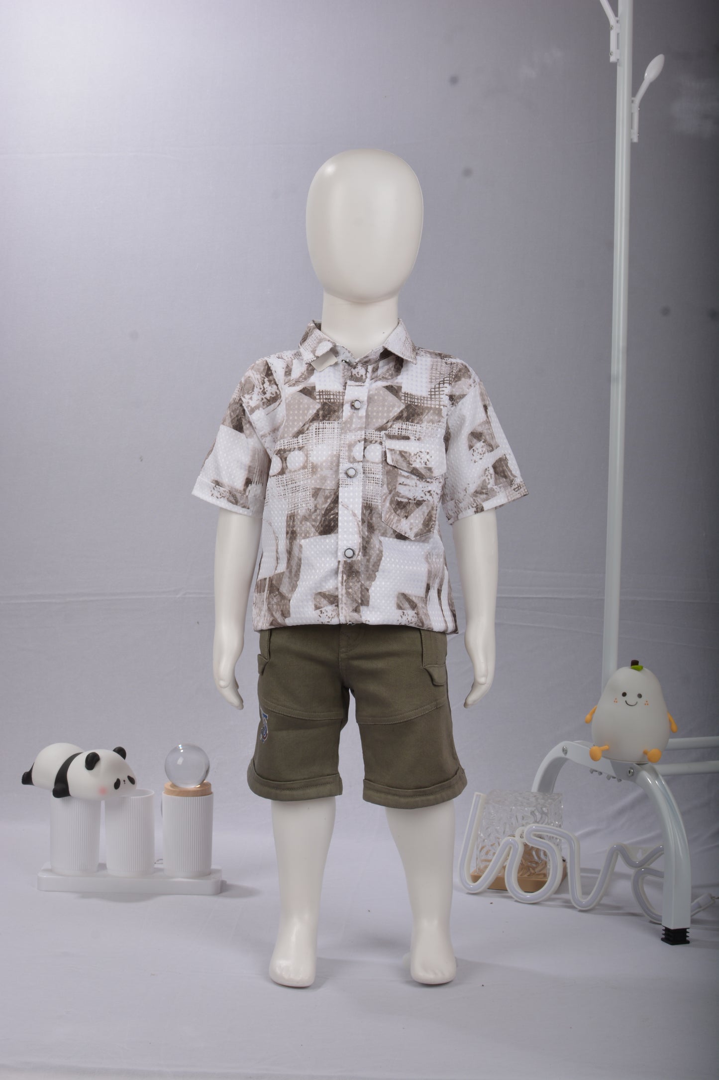 Justmaama Kids 2-Piece Summer Set: Stylish Abstract Print Shirt & Comfort Fit Navy  BlCargo Shorts for Boys | Casual Wear