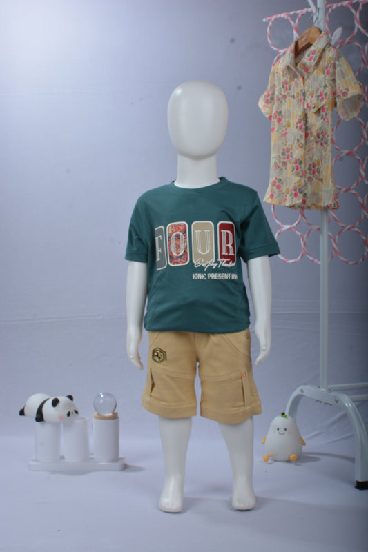 justmaama Toddler Boys' "FOUR" Birthday/Everyday T-Shirt – Premium Cotton Blend,  Dark Teal Green, Durable Graphic Tee.