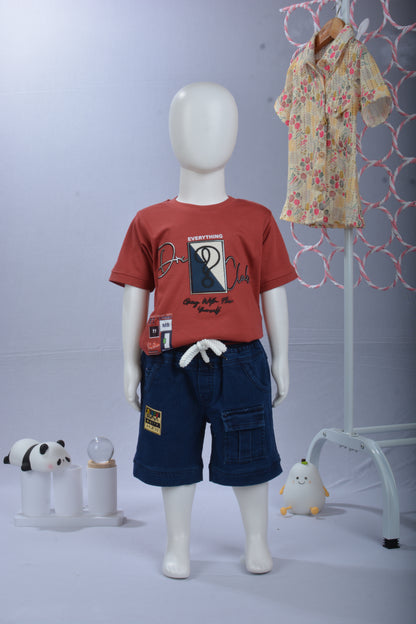 Justmaama Kids Boys Summer Shorts T-Shirt Combo Pack | Comfortable Cotton Tee &  Stylish Denim Look Shorts with Pockets | Casual Dress Set for Little Boys 2-7 Years.