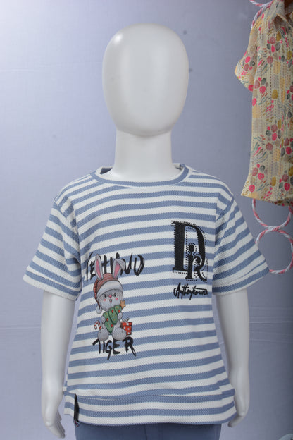 Justmaama Toddler Boys' Striped T-Shirt & Knit Shorts Set – Comfortable, Durable  Summer Outfit with Fun Character Appliqué.