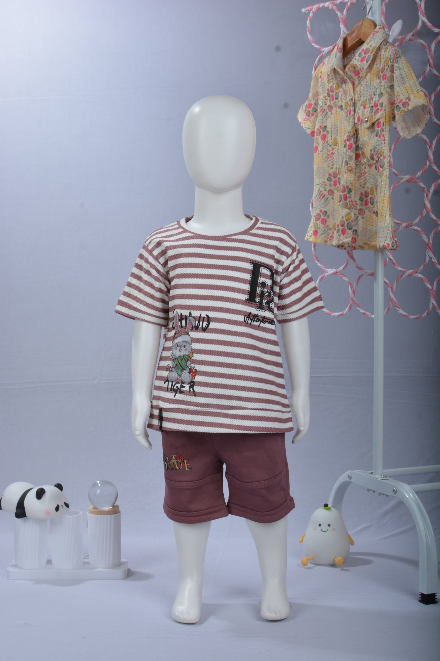 Justmaama Toddler Boys' Striped T-Shirt & Knit Shorts Set – Comfortable, Durable  Summer Outfit with Fun Character Appliqué.