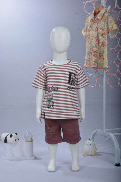 Justmaama Toddler Boys' Striped T-Shirt & Knit Shorts Set – Comfortable, Durable  Summer Outfit with Fun Character Appliqué.