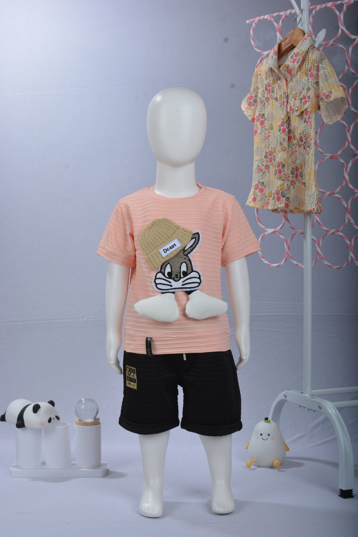 Premium justmaama Kids T-Shirt & Shorts Set | Textured Top, Knit Beanie Rabbit Patch,  and Cozy Quilted Bottoms.