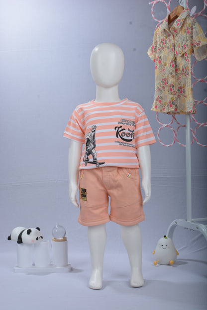 Justmaama Premium Striped Tee with Skateboard Astronaut Print & Elastic Waist  Casual Shorts | Soft, Breathable Cotton Blend Summer Outfit for Infants and Little Kids,  Perfect for Active Days