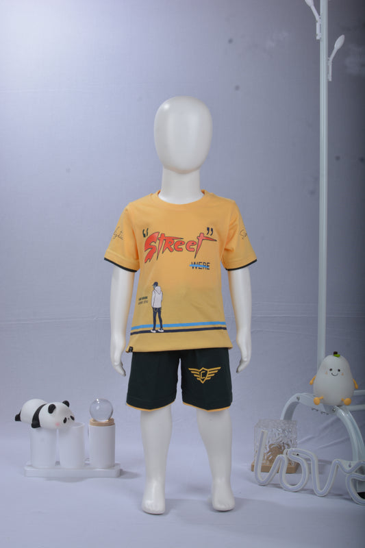 JUSTMAAMA Boys'  Summer Outfit: "STREET" Graphic T-Shirt & Sporty Contrast Shorts  Set | 100% Cotton for Kids.