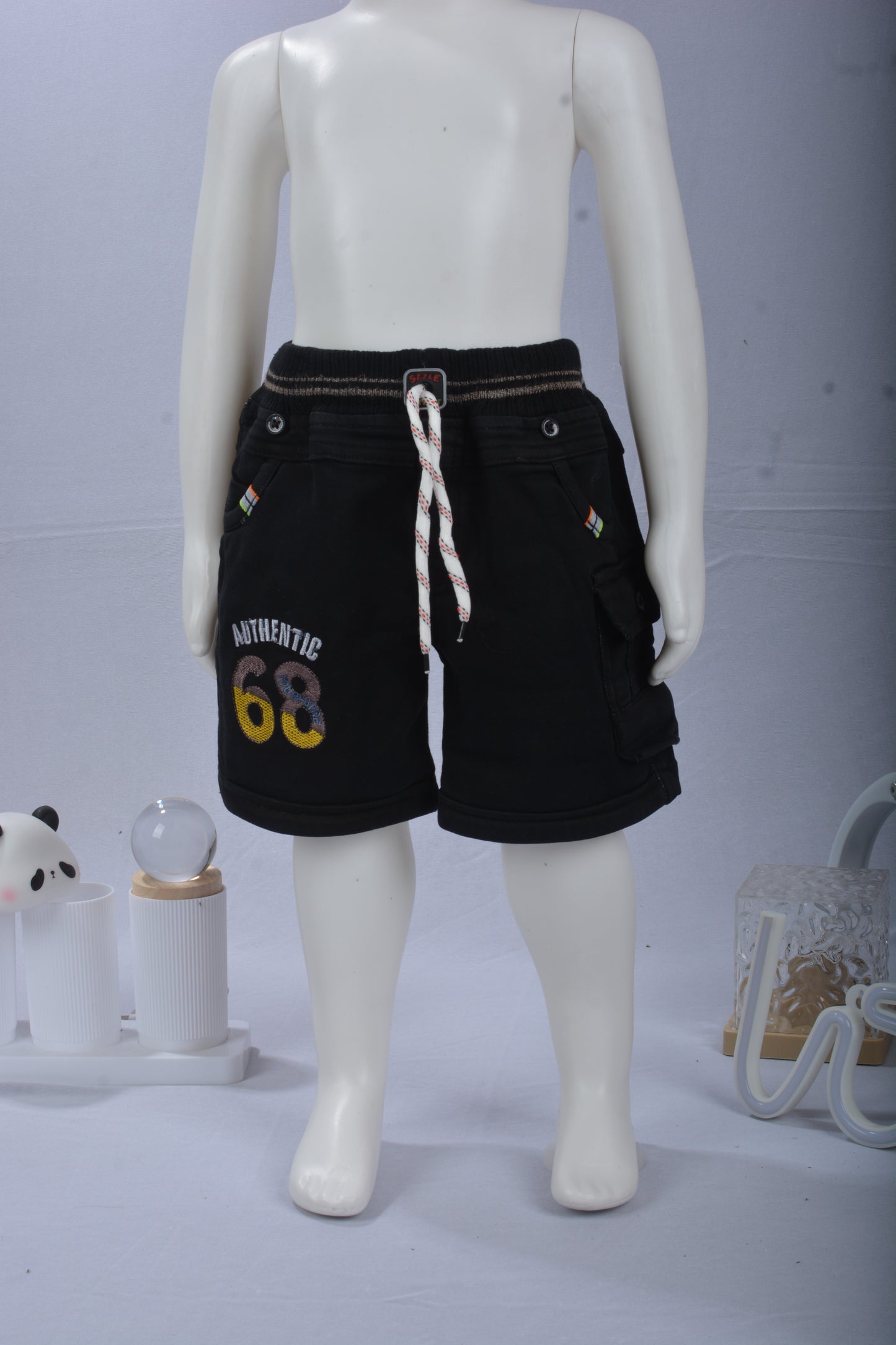 Justmaama Boys' Casual Summer Outfit Set - Soft  Graphic Tee & Black Drawstring  Cargo Shorts | Stylish 'Authentic' Print