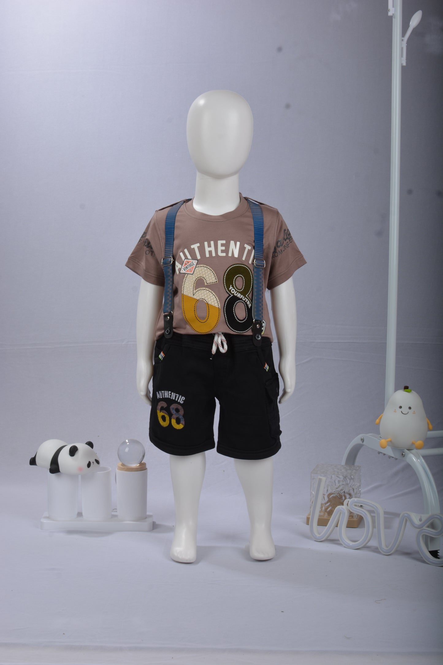 Justmaama Boys' Casual Summer Outfit Set - Soft  Graphic Tee & Black Drawstring  Cargo Shorts | Stylish 'Authentic' Print