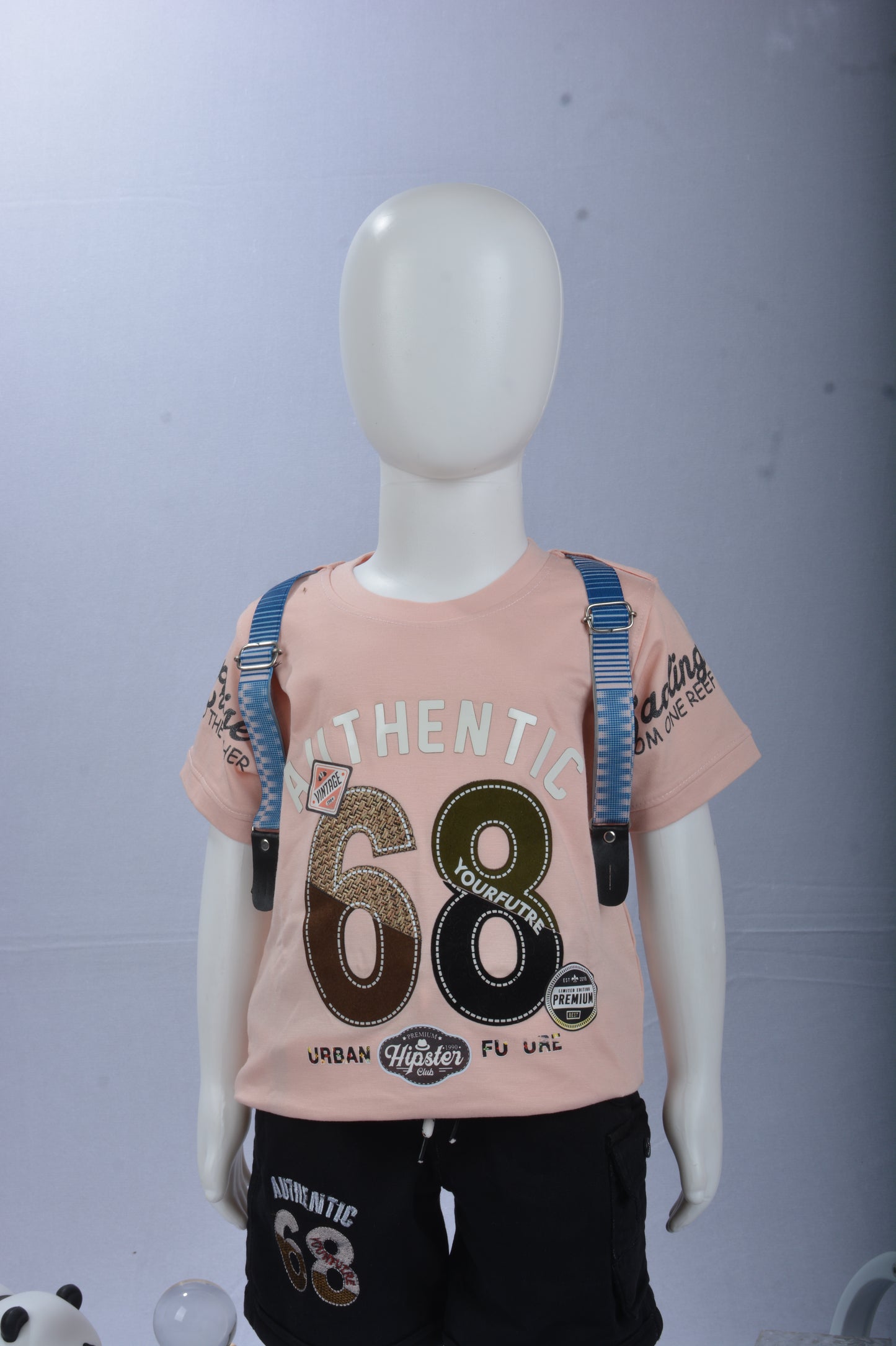 Justmaama Boys' Casual Summer Outfit Set - Soft  Graphic Tee & Black Drawstring  Cargo Shorts | Stylish 'Authentic' Print