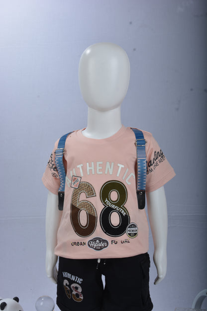 Justmaama Boys' Casual Summer Outfit Set - Soft  Graphic Tee & Black Drawstring  Cargo Shorts | Stylish 'Authentic' Print