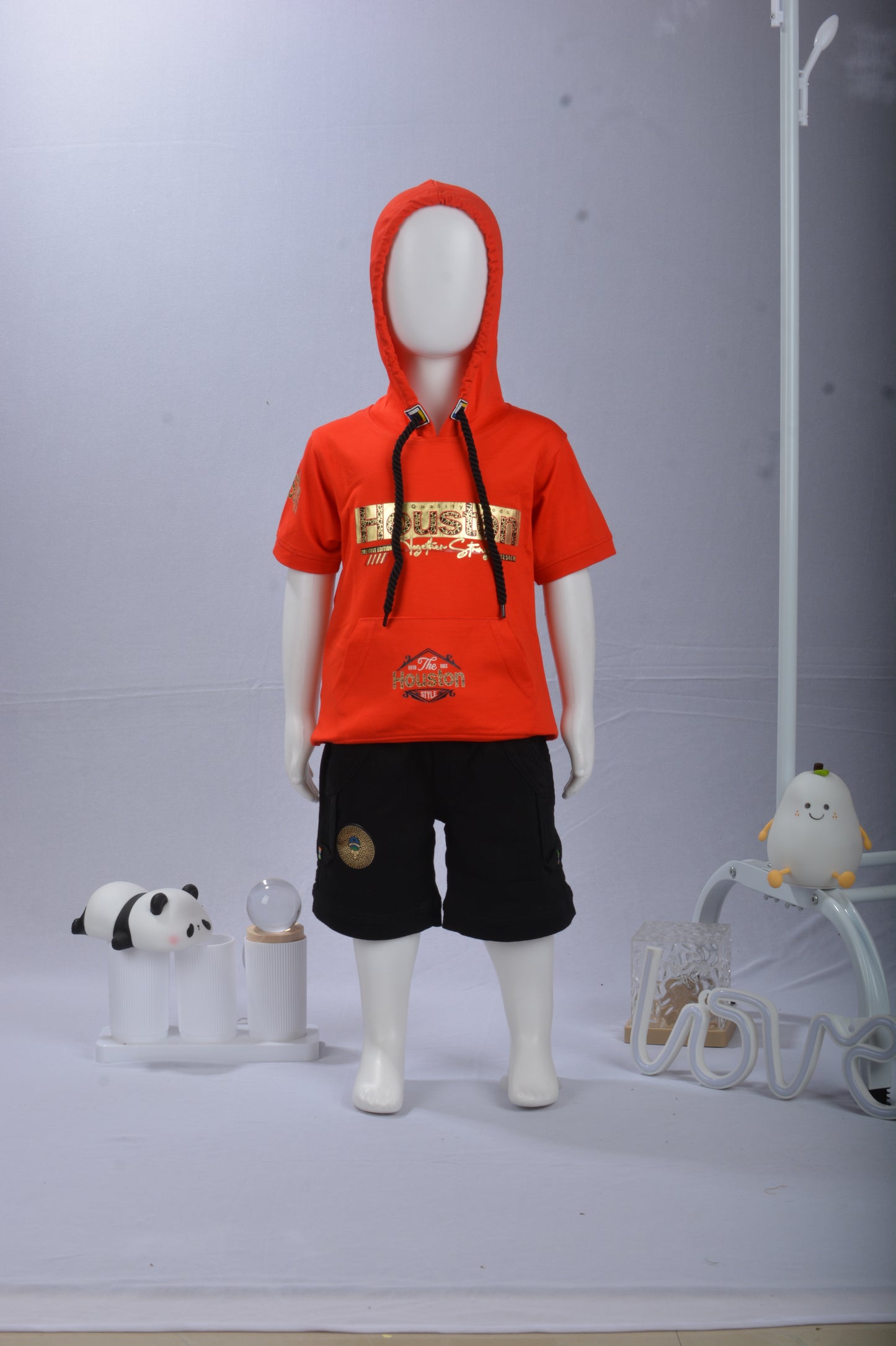 JUSTMAAMA Boys' Summer Casual Outfit Set | Short Sleeve Pullover Hoodie Top with  Drawstring & Black Cargo Shorts | Kids Graphic Sportswear Tracksuit