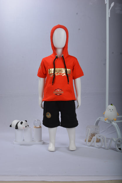 JUSTMAAMA Boys' Summer Casual Outfit Set | Short Sleeve Pullover Hoodie Top with  Drawstring & Black Cargo Shorts | Kids Graphic Sportswear Tracksuit