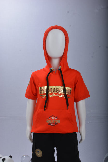 JUSTMAAMA Boys' Summer Casual Outfit Set | Short Sleeve Pullover Hoodie Top with  Drawstring & Black Cargo Shorts | Kids Graphic Sportswear Tracksuit