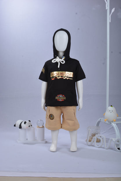 JUSTMAAMA Boys' Summer Casual Outfit Set | Short Sleeve Pullover Hoodie Top with  Drawstring & Black Cargo Shorts | Kids Graphic Sportswear Tracksuit