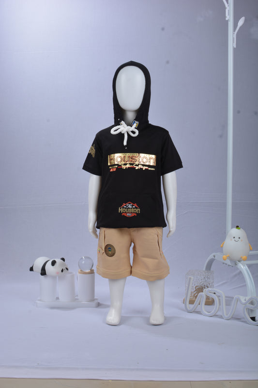 JUSTMAAMA Boys' Summer Casual Outfit Set | Short Sleeve Pullover Hoodie Top with  Drawstring & Black Cargo Shorts | Kids Graphic Sportswear Tracksuit