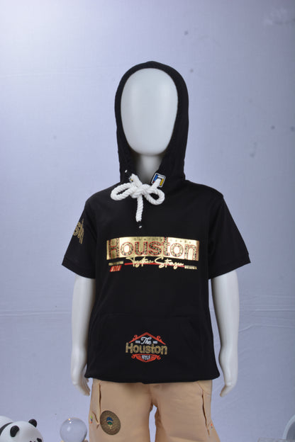 JUSTMAAMA Boys' Summer Casual Outfit Set | Short Sleeve Pullover Hoodie Top with  Drawstring & Black Cargo Shorts | Kids Graphic Sportswear Tracksuit