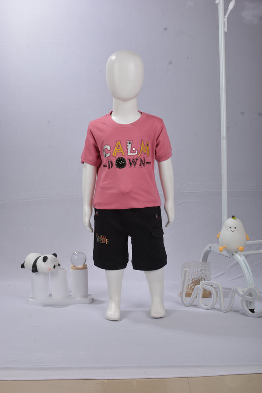 JustMaama 2-Piece Summer Outfit for Boys |  Graphic T-Shirt with Crew Neck &  Adjustable Waist Black Cargo Shorts | Breathable Cotton Kids Clothes Set