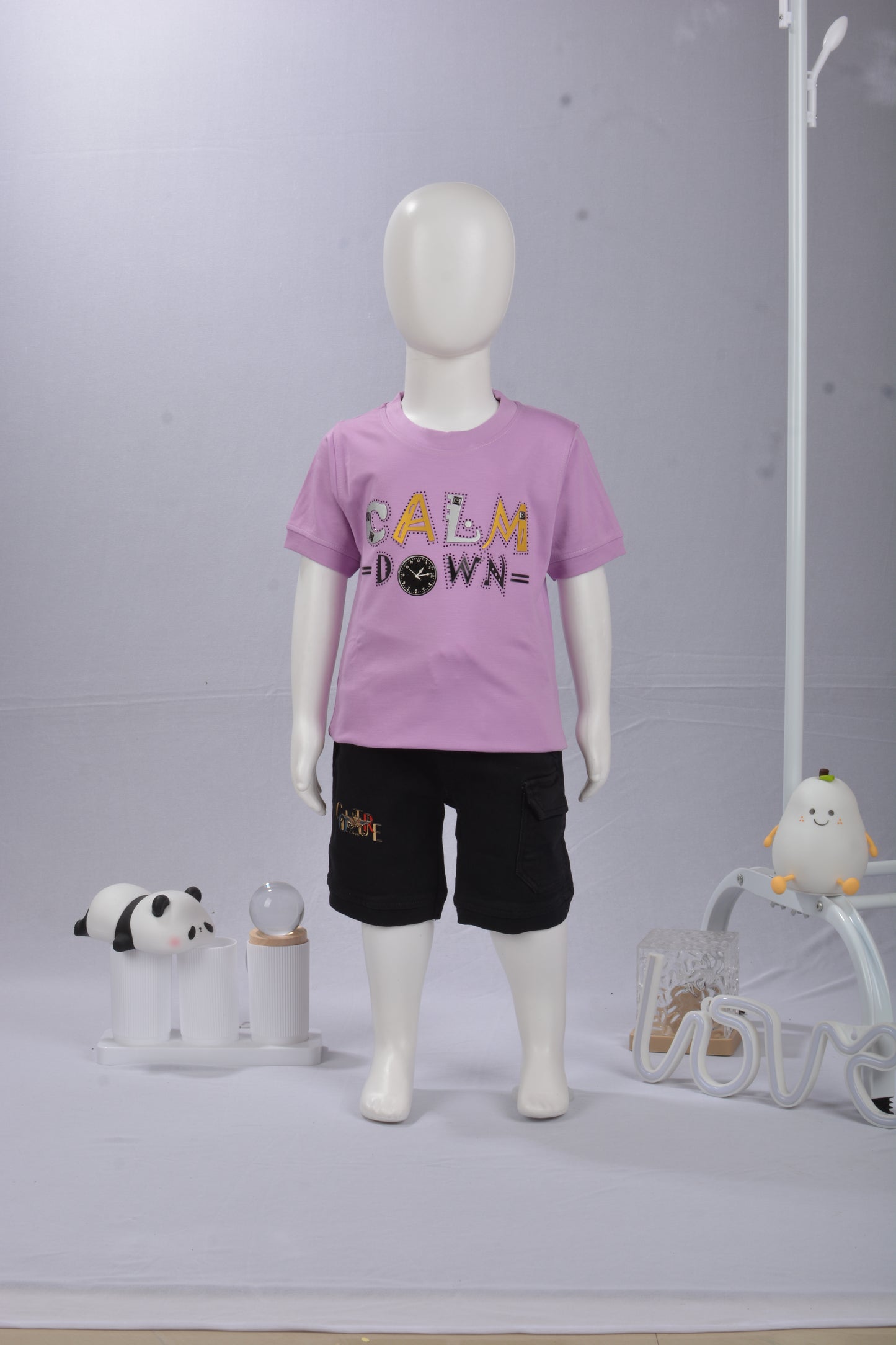 JustMaama 2-Piece Summer Outfit for Boys |  Graphic T-Shirt with Crew Neck &  Adjustable Waist Black Cargo Shorts | Breathable Cotton Kids Clothes Set