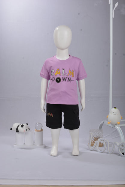 JustMaama 2-Piece Summer Outfit for Boys |  Graphic T-Shirt with Crew Neck &  Adjustable Waist Black Cargo Shorts | Breathable Cotton Kids Clothes Set