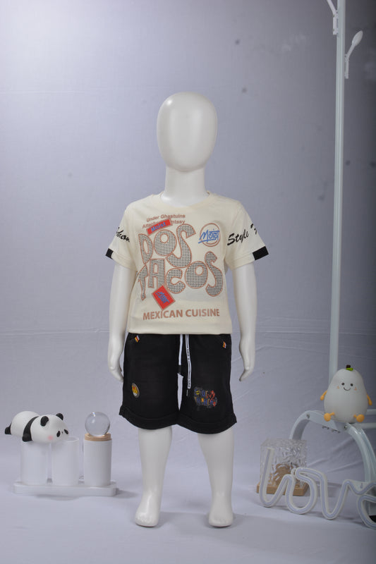 Justmaama Soft Cotton T-Shirt & Durable Denim Shorts Set for Boys | Comfortable 2- Piece Summer Playwear Outfit | Toddler & Kids' Casual Wear