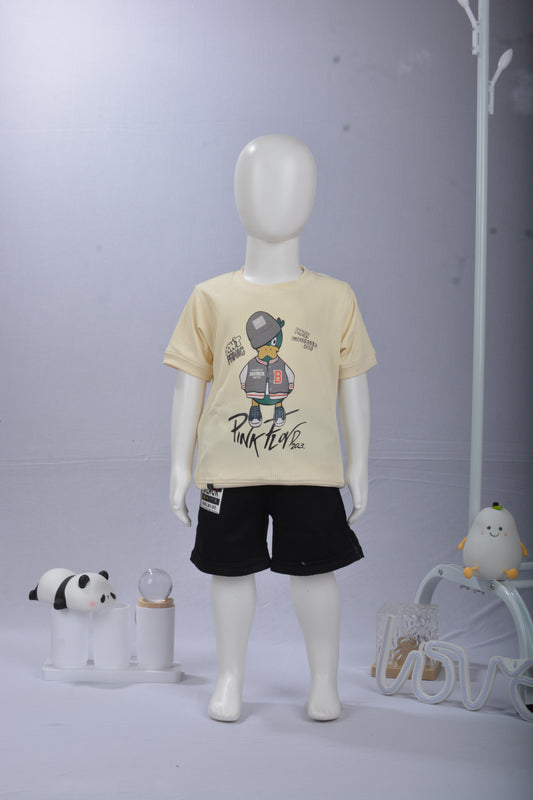 JUSTMAAMA Kids' Casual Outfit Set |  T-Shirt with  Duck  Graphic  Drawstring Denim Shorts | Breathable Summer Wear for Toddler Boys