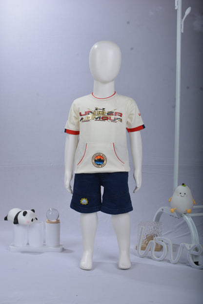 Justmaama 2-Piece Boys' Clothing Set | Adventure Graphic Half-Sleeve T-Shirt with  Front Pocket & Drawstring Waist Shorts | Soft Cotton Casual Summer Outfit | Toddler &  Little Kid Activewear