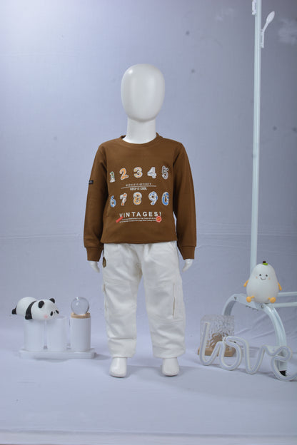 Toddler & Little Kids' Retro V-I-N-T-A-G-E Number Graphic Long Sleeve Crewneck  Sweatshirt & Casual Cargo Pants Set | Boys Fall Winter Streetwear 2-Piece Outfit