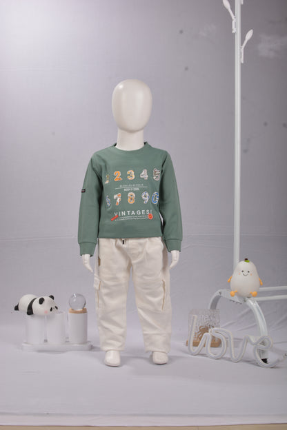 Toddler & Little Kids' Retro V-I-N-T-A-G-E Number Graphic Long Sleeve Crewneck  Sweatshirt & Casual Cargo Pants Set | Boys Fall Winter Streetwear 2-Piece Outfit