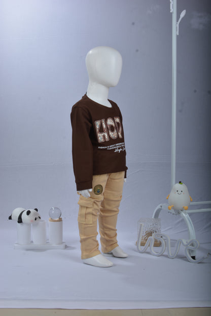 Justmaama Toddler Boys/Girls 2-Piece Outfit - Long Sleeve Crew Neck Pullover Shirt &  Drawstring Cargo Trousers