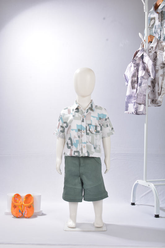 JUSTMAAMA Boys' Teal & Rust Abstract Print Shirt Set with Olive Textured Shorts