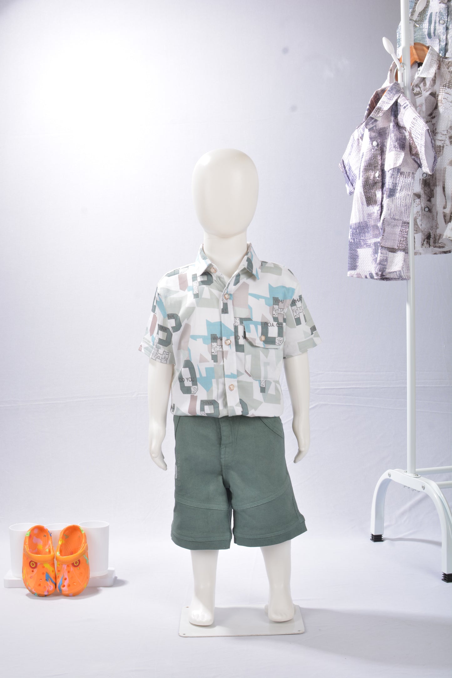 JUSTMAAMA Boy's  Abstract Print Shirt Set  Textured Shorts | Soft Cotton Blend Half Sleeve Cargo Pocket 2-Piece Summer Outfit |  Regular Fit