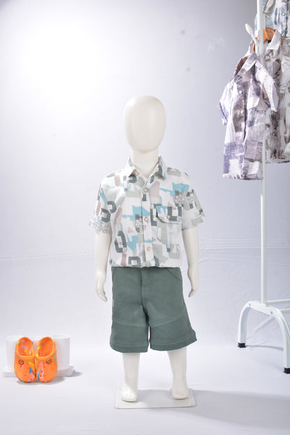 JUSTMAAMA Boy's  Abstract Print Shirt Set  Textured Shorts | Soft Cotton Blend Half Sleeve Cargo Pocket 2-Piece Summer Outfit |  Regular Fit