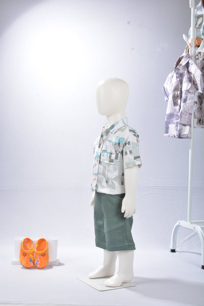 JUSTMAAMA Boys' Teal & Rust Abstract Print Shirt Set with Olive Textured Shorts