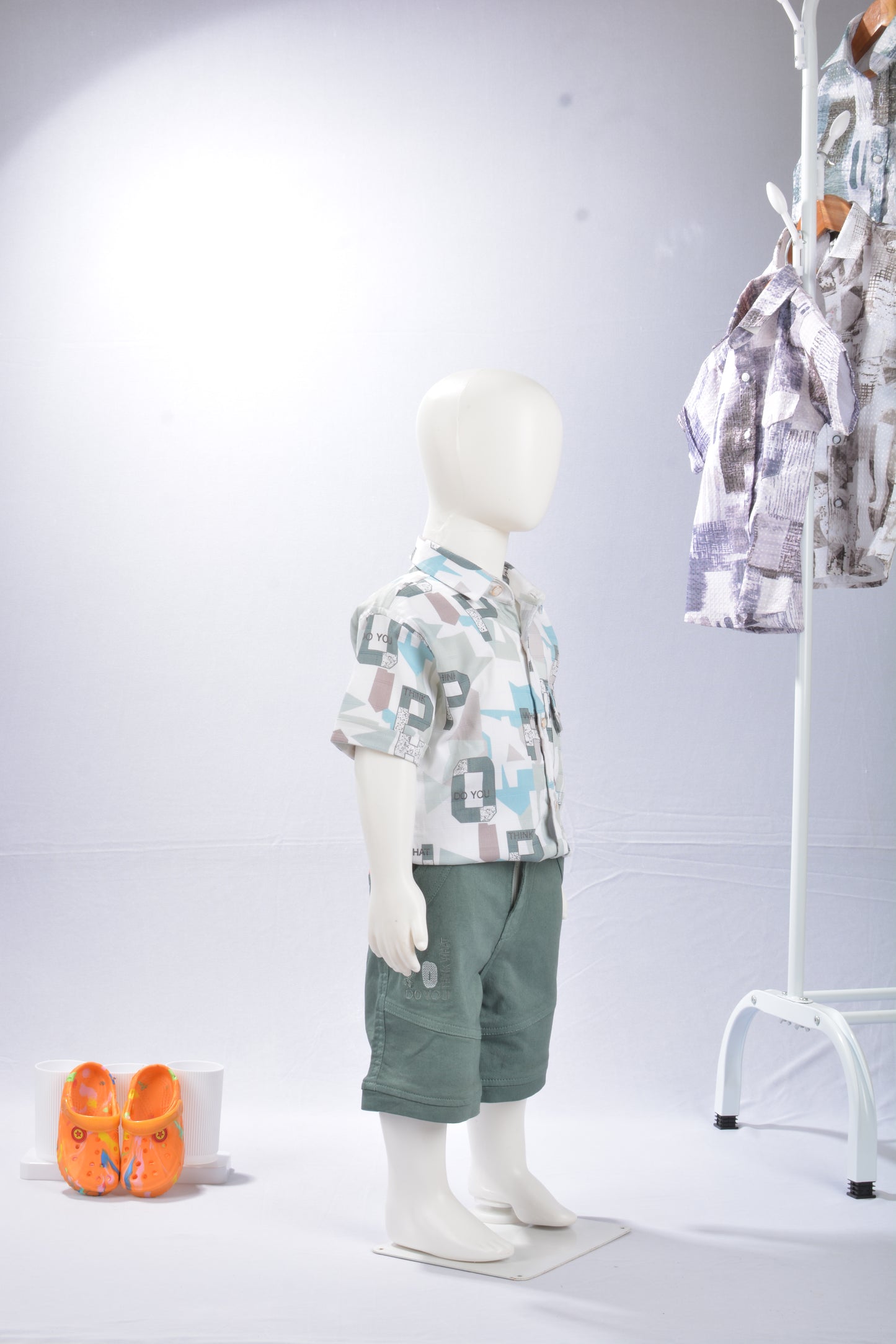 JUSTMAAMA Boys' Teal & Rust Abstract Print Shirt Set with Olive Textured Shorts