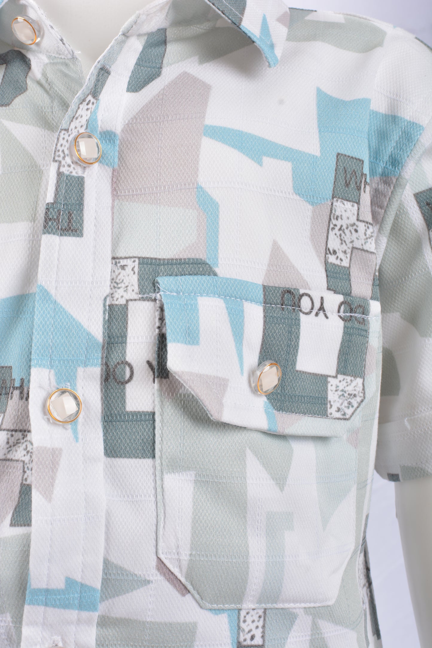 JUSTMAAMA Boys' Teal & Rust Abstract Print Shirt Set with Olive Textured Shorts