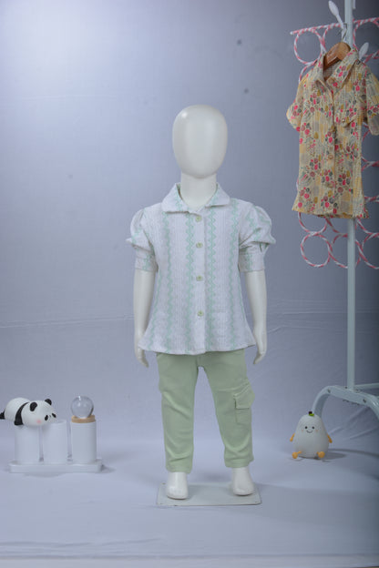 Justmaama Girls’ Printed Collared Top with Puff Sleeves and Functional Cargo Pants | Soft & Comfortable Clothing Set