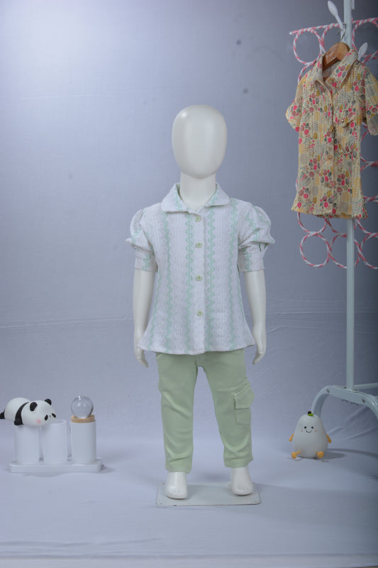 Justmaama Girls’ Printed Collared Top with Puff Sleeves and Functional Cargo Pants | Soft & Comfortable Clothing Set