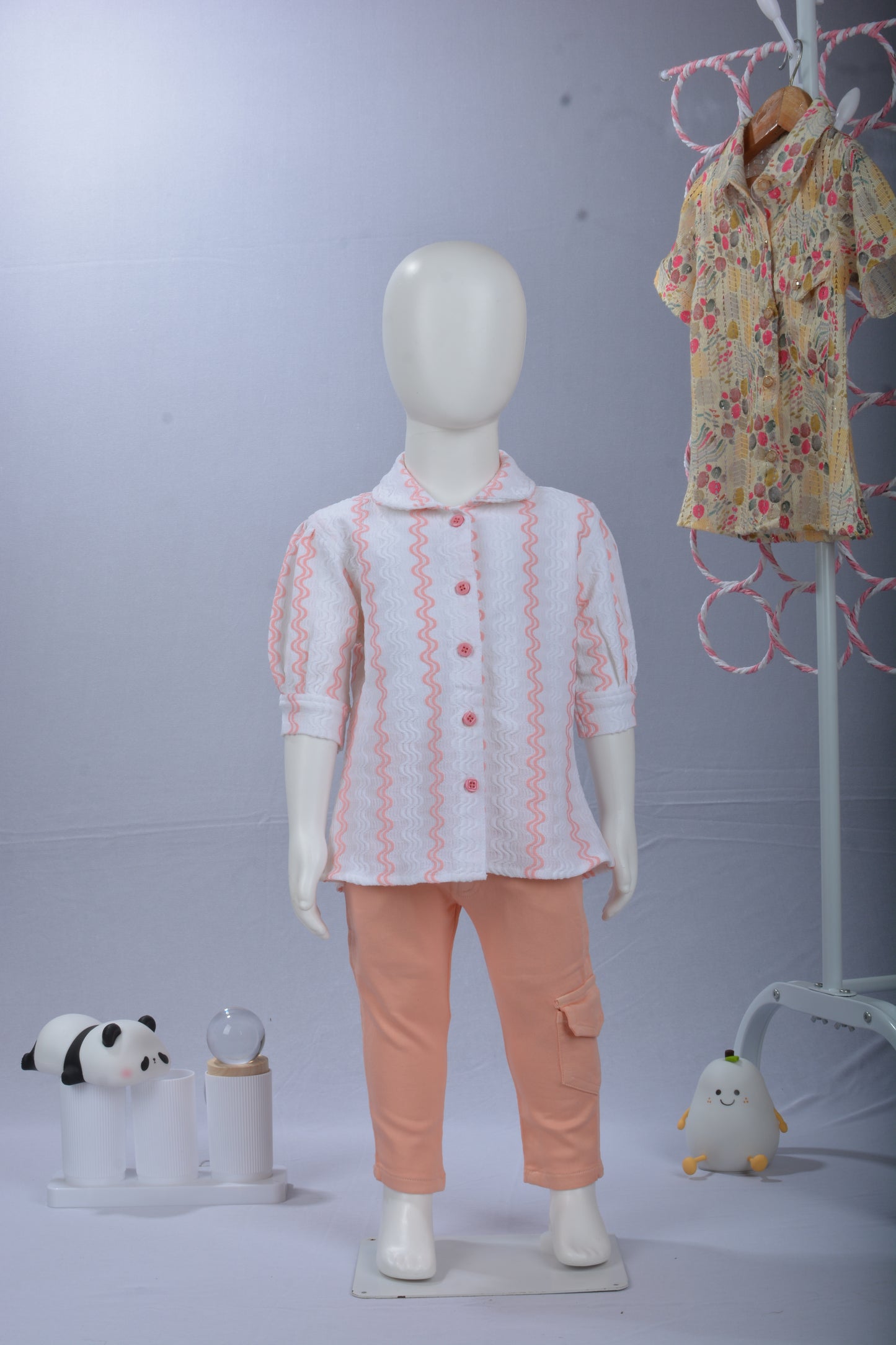 Justmaama Girls’ Printed Collared Top with Puff Sleeves and Functional Cargo Pants | Soft & Comfortable Clothing Set