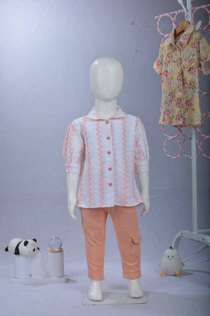 Justmaama Girls’ Printed Collared Top with Puff Sleeves and Functional Cargo Pants | Soft & Comfortable Clothing Set